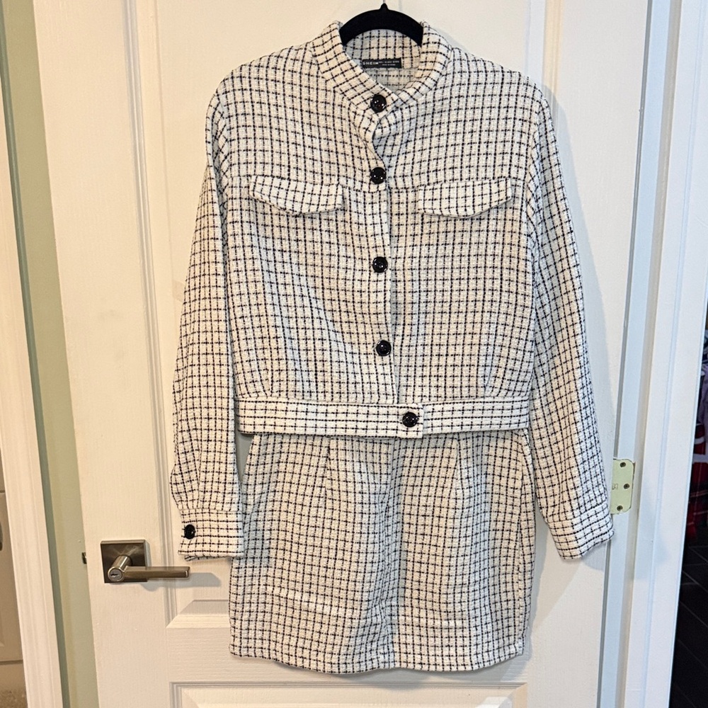 Stylish Black and White Women's Jacket and Skirt